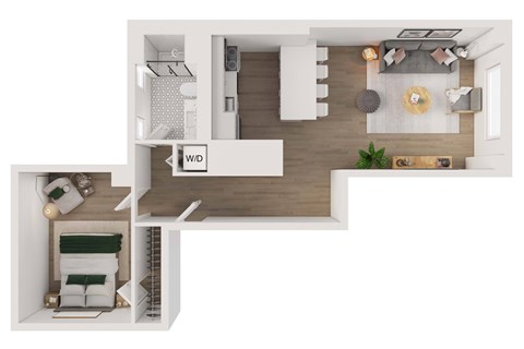 Floor plan for 1 bed, 1 bath, 717 sqft